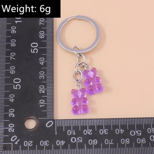Cute purple transparent resin gummy bear keychain with silver metal ring, weight 6g