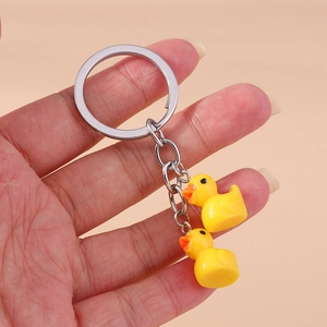 Cartoon double yellow duck keychain with silver metal ring for bags and keys