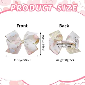 Size chart for heart bow hair clip showing front and back views with detailed measurements