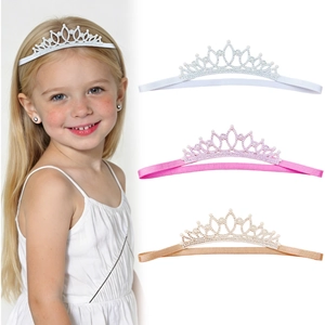 Kids Rhinestone Crown Elastic Headband For Baby Girls Birthday Party Princess Headwear With Artificial Pearls Rhinestones