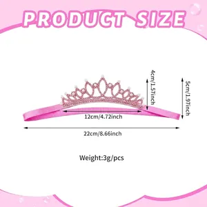 Pink rhinestone princess crown headband for girls with detailed size and weight parameters