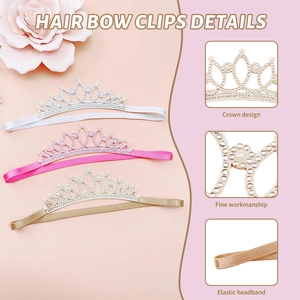 Set of three children rhinestone crown headbands in pink, white, and golden elastic colors
