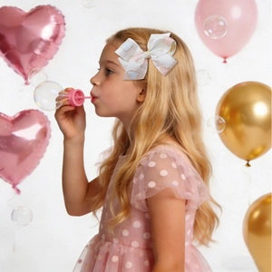 Detail shot of a sweet white ribbon hair clip with gold foil heart on a blonde child