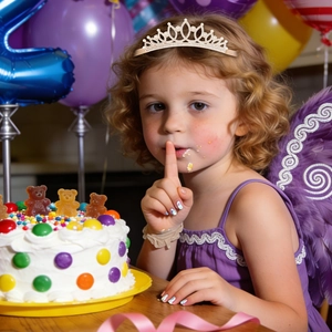 Little girl wearing champagne gold rhinestone crown headband at a birthday party