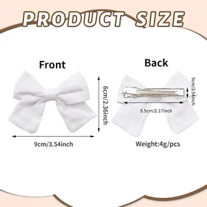 Size guide for white cotton linen bow hair clip showing front and back views with dimensions