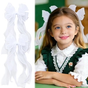 Fermaglio per Capelli con Grande Fiocco in Rete Bianca con Lunghi Nastri Forcina in Nastro di Tulle Fata Accessori per Capelli