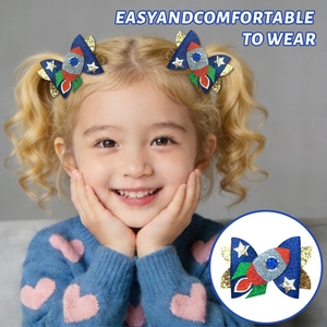 Glitter rocket hair clips for kids with sparkling stars and colorful double bows