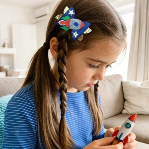 Detail of child wearing a colorful glitter rocket hair clip with shiny sequins