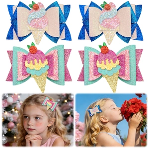 Sweet Glitter PU Leather Ice Cream Bow Hair Clips For Girls Toddler Handmade Alligator Clips Kids Hair Accessories Party Gift
