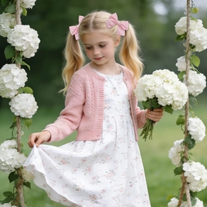 Pink ribbon bow hair clips for girls styled with a sweet floral dress in outdoor setting