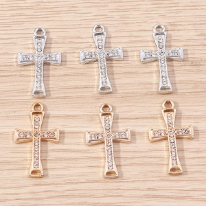 Set of 10 gold and silver alloy cross pendants with sparkling rhinestones for DIY jewelry