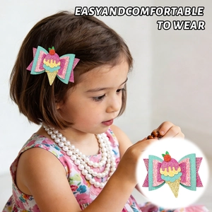Sparkly glitter ice cream bow hair clip for girls featuring blue and pink PU leather