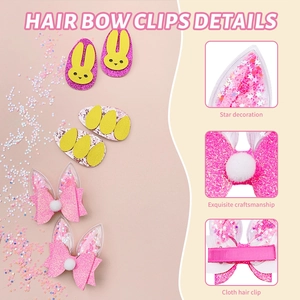 Detail view of glitter Easter hair clips featuring pink bows and rabbit head shapes