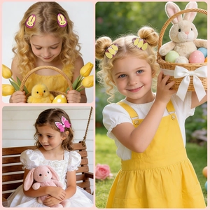 Detail of Easter bunny hair clips with glitter bows and colorful egg motifs for kids