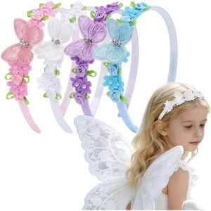 Serre-Tête Doux en Dentelle Papillon Fleur Fait Main Enveloppé de Tissu Avec Fausses Künstliche Perles Strass pour Enfants Fête Princesse