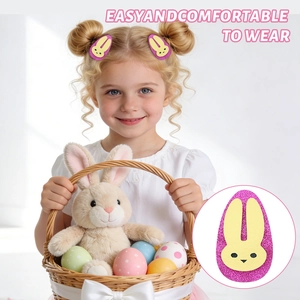 Detailed view of purple glitter Easter bunny hair clip on girl for festive hair styling