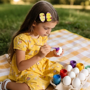 Close-up of a child wearing glitter Easter egg hair clips in a sunny outdoor garden setting
