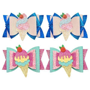 Glittery ice cream bow hair clips set for girls with colorful sparkle PU leather fabric