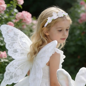 Gros plan d'ailes de papillon en dentelle blanche et bandeau floral pour filles