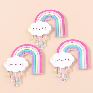 Detailed view of acrylic rainbow cloud charms with colorful raindrops for DIY jewelry
