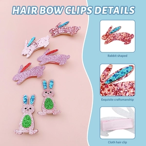 Pink glitter Easter bunny hair clips with sequins and fabric wrapped clips for girls