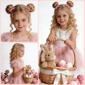 Detailed views of glitter bunny hair clips worn by a young girl for Easter outfits