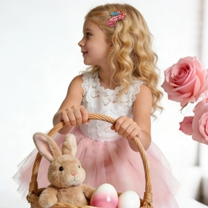 Pink glitter bunny hair clip worn by a toddler child during an Easter celebration