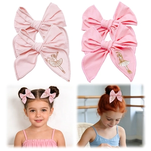 Embroidered ballet girl and rabbit bow hair clips for girls in soft pink fabric