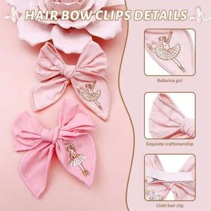 Detail of pink ballet girl embroidery on handmade fabric hair bow clips with ribbon texture