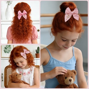 Close-up of ballet dancer embroidery on a pink bow hair clip for young girls