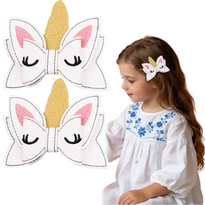 Unicorn themed bow hair clips for kids with embroidery and PU leather texture