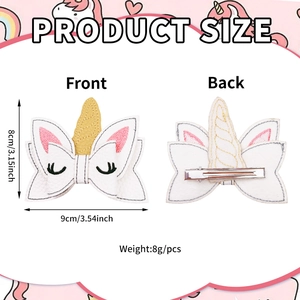 Kids unicorn hair clip with gold embroidery and PU leather bow detail and measurements