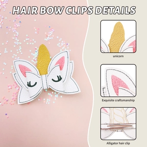 Detail of unicorn hair bow with embroidery and metal alligator clip for kids