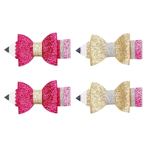 Set di 4 mollette glitterate a forma di matita per studenti, fiocchi per capelli scintillanti