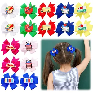 Back To School Bow Hair Clips Grosgrain Ribbon School Bus Apple Pencil Pattern Alligator Clips For Kids Girls Hair Accessories