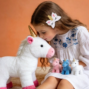 Close-up of a young girl wearing a white unicorn bow hair clip with embroidery details