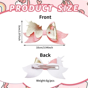 Unicorn themed bow hair clip in pink sequins and gold faux leather for girls