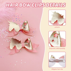 Pink sequin unicorn hair bow with golden cutout stars and silver metal alligator clip