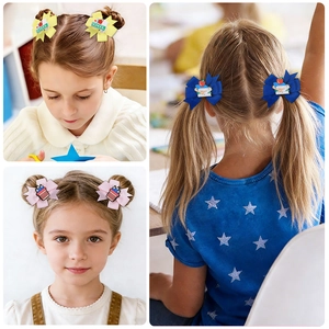 Detail shots of girls wearing colorful back-to-school bow hair clips in various hairstyles