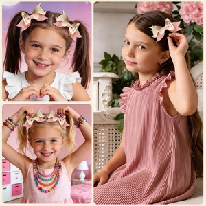 Toddler showing pink glitter unicorn bow hair clips with gold ears on different hairstyles