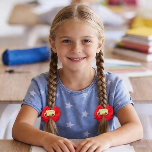 Detail view of red ribbon hair bows with school bus charms worn by a girl in school