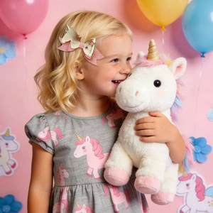 Little girl wearing pink and gold sequin unicorn bow hair clip in a festive party setting