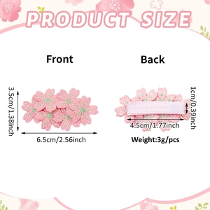 Pink embroidered cherry blossom hair clip with size details and front back view