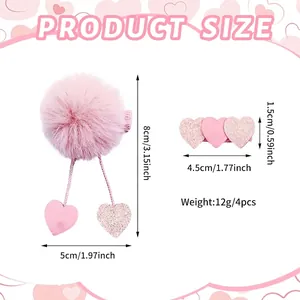 Lot de barrettes à cheveux rose avec pompon et paillettes montrant les dimensions