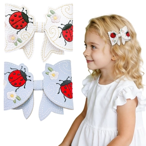 Handmade PU leather bow hair clips with ladybug flower embroidery for young girls