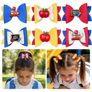 Nœuds à Cheveux Rentrée Scolaire pour Filles Crayon Pomme Livre Tableau Noir Thème École Pinces à Cheveux Accessoires en Simili Cuir