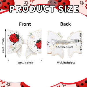 Handmade ladybug and flower embroidery hair clip with white PU leather bow for girls