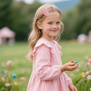 Close-up of pink embroidered flower hair clips on child model in natural outdoor setting