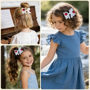Three-way split view of ladybug floral bow hair clip on girl in various hairstyles