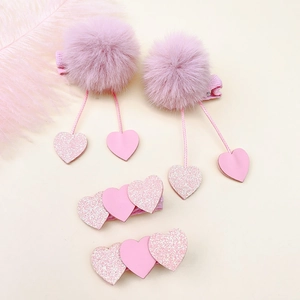 Set de barrettes à cheveux roses avec pompons et cœurs pour style Hanfu vintage